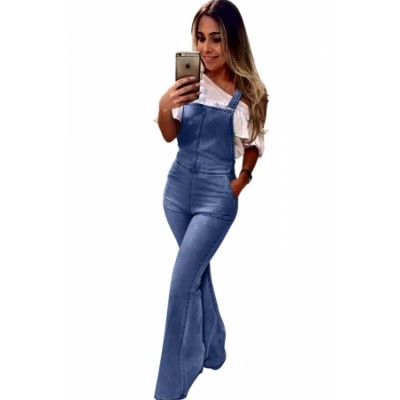 Sky Blue Retro Washed Flared Jeans Overall